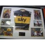 Sir Bradley Wiggins signed and framed Sky cycling jersey with montage of photographs. (B.P.