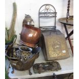 A collection of brass and copperware to include; coal scuttles, helmet shaped copper coal scuttle,