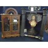 Two Italian devotional figures in wooden cabinets, ceramic, Jesus Christ and a female figure.