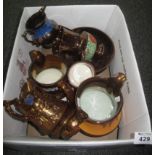 Box of copper lustre items, mainly dresser jugs, together with a pedestal bowl. (B.P. 24% incl.