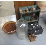 A collection of assorted items to include; vintage turned wooden dumbbells, bowling ball, dairy pan,
