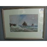 A Downes, fishing smacks off a stormy pier, signed, 20 x 33cm approx. Framed and glazed. (B.P.