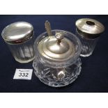 Glass pillar cut hat pin jar with silver top,