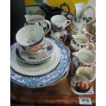 Tray of assorted china to include; 19th Century Gaudy Welsh jugs, blue and white plates,