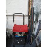 Collection of fishing items to include; plastic stool fishing box, trolley,