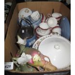 Box of assorted china to include; Wedgwood Jasperware items; bowl, plate, jug, lidded pot etc,