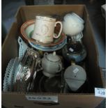 Box of assorted china and metalware to include; floral teaware, fruit design plates and bowl,