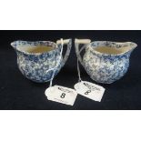 Pair of 19th Century transfer printed Llanelly pottery blue and white cream jugs in the seaweed