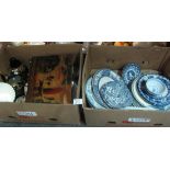 Box of mostly blue and white porcelain items to include; Chinese tea bowl, oriental design plates,