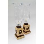 A Spanish pair of Imperio glass and ceramic candle sticks H53cm. (2)