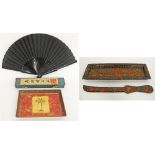 A printed wooden tray together with a black Chinese fan with box and an Indian papier mache desk