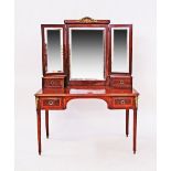 A French Louis XVI style mahogany veneered dresser with boxwood stringing, feather banding, brass