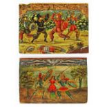 Two Islamic pictures on wood panels with carved top band, 45X31cm and 45X34cm (2)