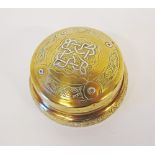 A Persian brass lidded box inlaid with silver in the form of an Armenian cross. W8cm (2)