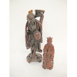 Two Chinese carved hardwood figures H35cm and H20cm (2)