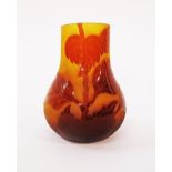 A Henri Montesy (1879-1946) cameo glass vase (Romania c1940) acid etched with brown leaves on
