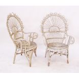 A pair of white painted bamboo and wicker fan armchairs 66X50cm, H110cm (2)