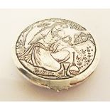 A Persian silver pill box engraved with a lady in a landscape W6cm