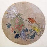 A Chinese round drawing mounted on silk, with grass hopper W25cm glazed and framed.