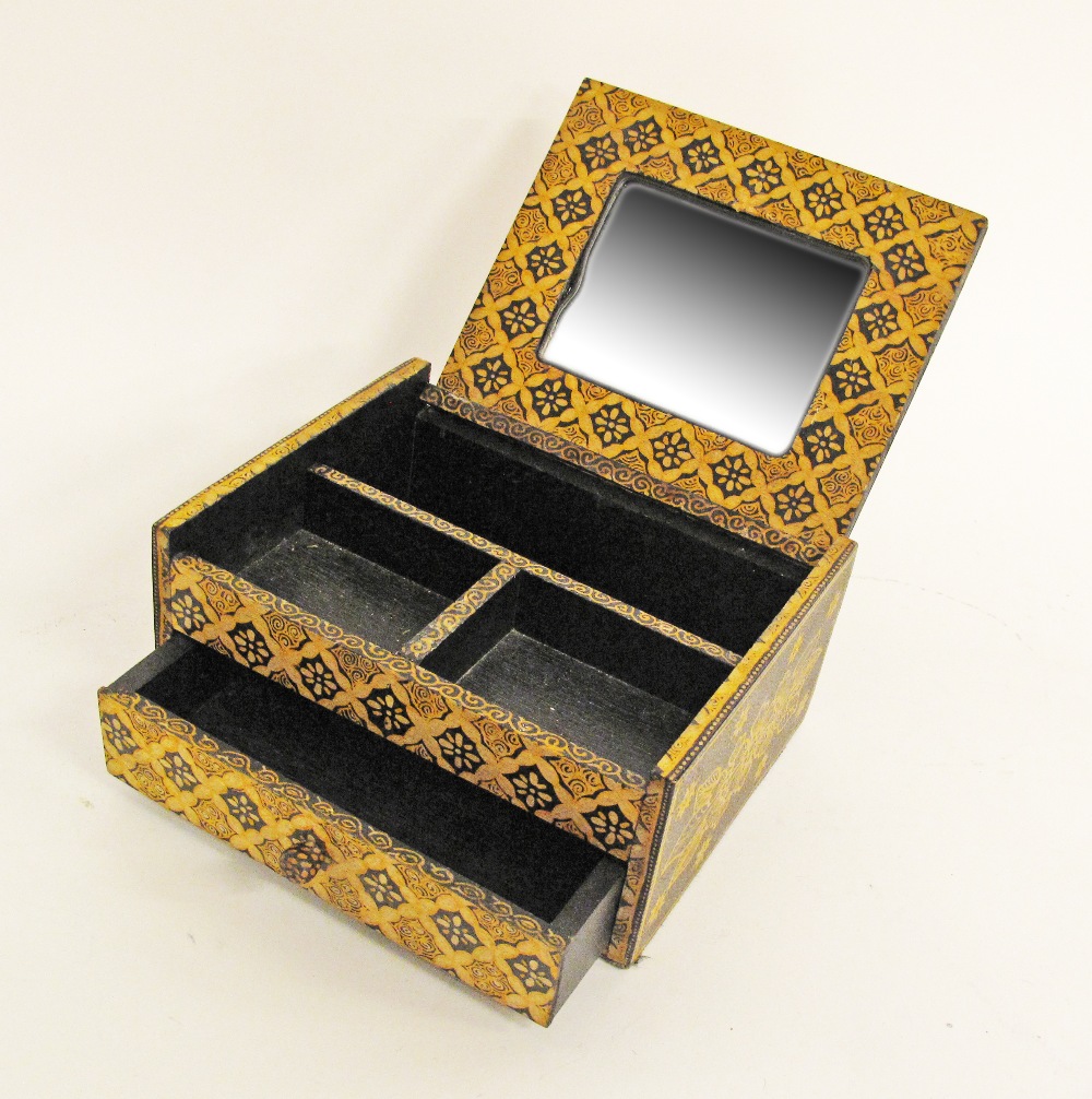 A wood and stamp decorated dressing table jewel box 24X19cm, H11cm - Image 2 of 3