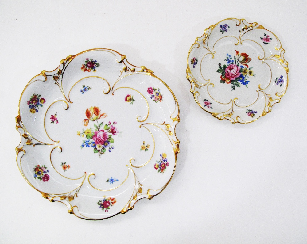 Two German J.L. Menau Henneberg Porcelain dishes with flower sprays and gilding, W30cm and W19cm. (