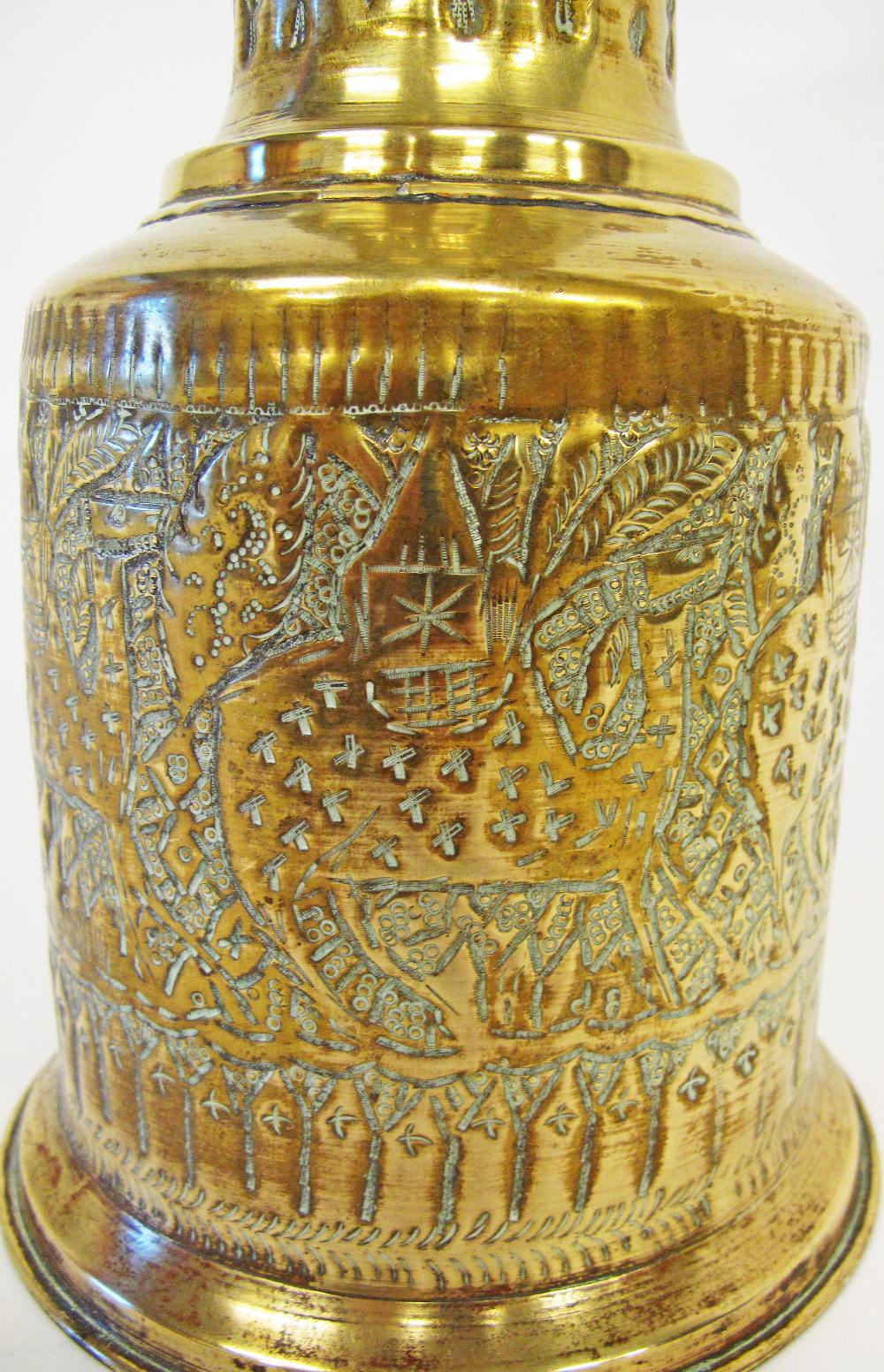 A large Persian brass hookah / nargile with repousse and engraved decorations, circa late 19th / - Image 3 of 5