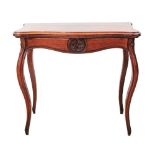 A carved walnut folding side table on cabriole legs, H77cm, W85cm, D42cm when folded, D85cm when