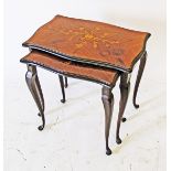 A nest of two side tables, quarter veneered and marquetry serpentine top, on cabriole legs.