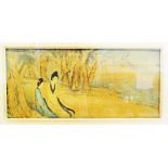 A Chinese rectangular drawing of two ladies by the sea, 24X55cm glazed and framed.