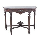 A reproduction Louis Philippe style stained carved walnut demi lune console, with black veined