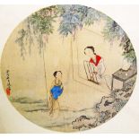 A Chinese round drawing mounted on silk with two ladies by a window W26cm glazed and framed.