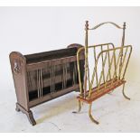 A mahogany and brass two compartment magazine floor rack with lion head mask handles W49cm, together