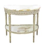 A fine Italian 18th century style grey painted console table, the marble demi-lune top over a carved