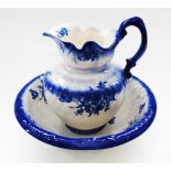 An English blue & white ceramic wash jug and basin, the bowl W38cm, the jar H30cm. (2)