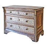 A Syrian three drawer hardwood commode inlaid with mother of pearl and bone, hardwood top on bracket