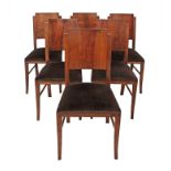 A carved walnut set of six vintage dining chairs c1950-60s upholstered in brown velvet, H93cm,