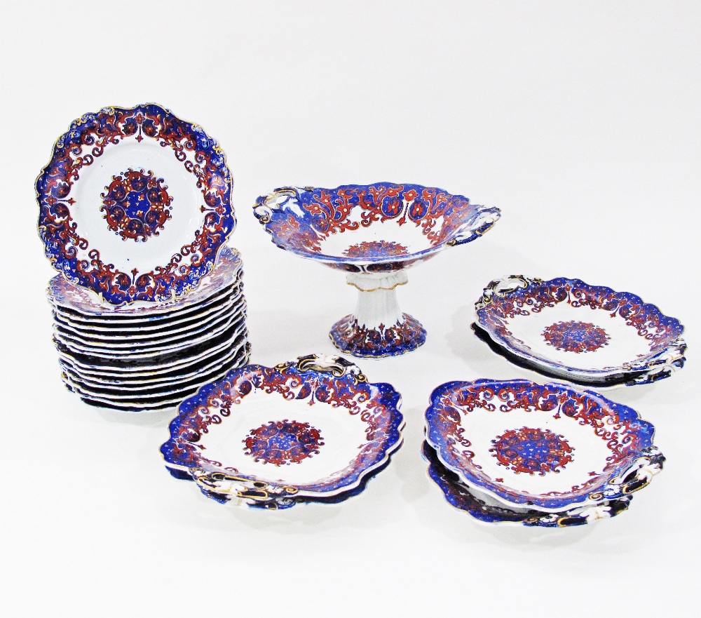 An English porcelain dinner set, decorated with transferprint blue, red and gold, pattern 2666.