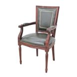 A reproduction Louis XVI style carved mahogany and green leather upholstery side armchair, H93cm,