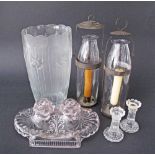 A collection of candleholders, a vase and a glass twin cup ink well. The vase H23cm (6)