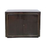 A Cypriot black lacquer side cabinet in ebonised veneer with round front corners, with two doors