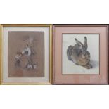 Two pencil drawings, the lady 30X25cm, the hare 36X33cm. (2)