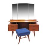 Danish style teak dressing table with mirror on splay legs H168cm, W142cm, D40cm together with a