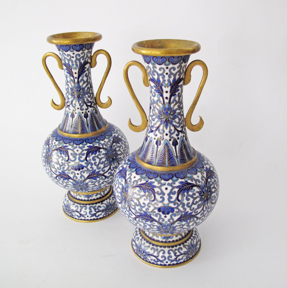A pair of Chinese cloisonné bottle vases with flared rim and handles, decorated in blue and white, - Image 2 of 8