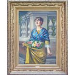 Continental school, c19th century, indistinctly signed, Lady with roses, oil on canvas 68?48cm,