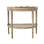 A fine Italian 18th century style grey painted console table, the marble demi-lune top over a carved