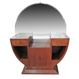 An Art Deco revival Cypriot walnut veneered dressing table, with round beveled mirror, c1960s.