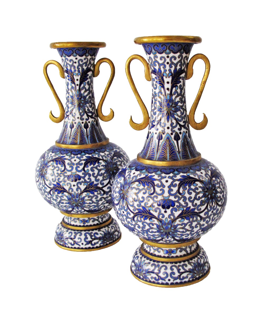 A pair of Chinese cloisonné bottle vases with flared rim and handles, decorated in blue and white, - Image 3 of 8