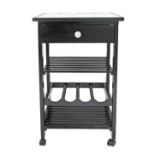 A modern ebonised wood, drinks trolley with one drawer. H80cm, W48cm, D37cm.