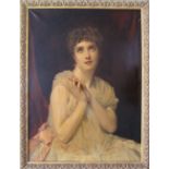 A large lithograph portrait of a lady in gilt frame, (damages), 90X67cm.