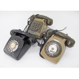 Telephones, 1970s Vintage Rotary Dial, one black and two green plastic telephones. (3)